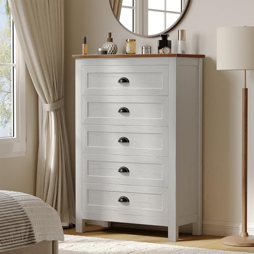 SINROM 5 Drawer Dresser, Farmhouse Tall Dresser for Bedroom, Antique White Chest of Drawers, Modern Dressers for Bedroom, Closet