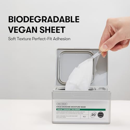 Image of VT COSMETICS Cica-Exosome Moisture Mask 20 Sheets, Centella Asiatica & Hyaluronic Acid with Exosomes for Deep Hydration & Calming, Biodegradable Vegan Sheets, Korean Face Mask