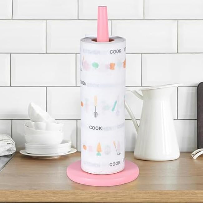 Pink Paper Towel Holder Countertop with 2 Hooks, Stainless Steel, Paper Towel Stand Holder 11 X 5.1 for Kitchen Bathroom Farmhouse Essentials Decor Accessories