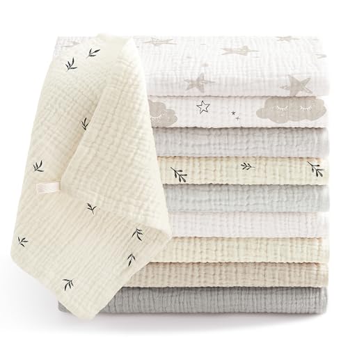 Bearmoss10 Stück Baby Musselin Waschlappen Moltontücher 100% Baumwolle Weiche Spucktücher Baby Atmungsaktiv und Extrem Saugfähig Musselin Tuch für Saugstark Mulltücher 25 x25cm(Aprikosengrau)