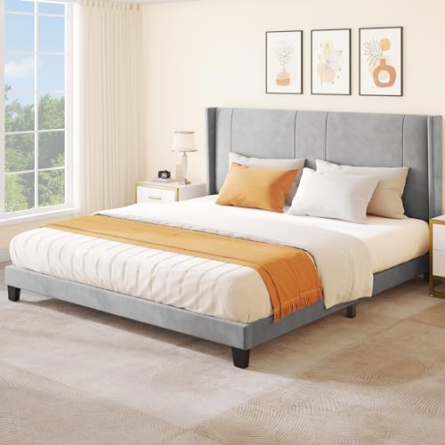 YITAHOME King Size Bed Frame, Platform Bed Frame with Gray Velvet Headboard and Wingback, Upholstered Bed Frame Strong Wood Slats Support, No Box Spring Needed, Gray with Wingback King