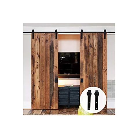LWZH 10.5FT/320cm Sliding Barn Door Hardware Kit Sliding Door Kit Barn Door Kit for Double Door Black J Shaped Hangers Cover