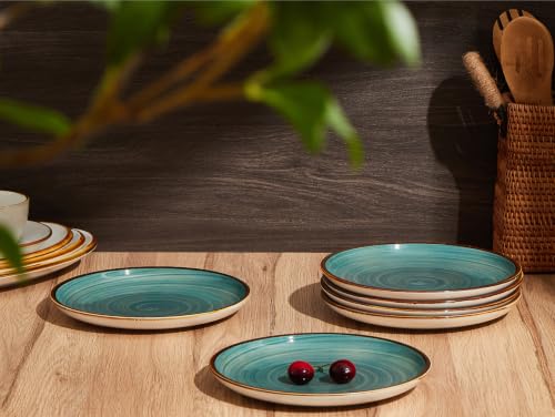 Image of ONEMORE Ceramic Dinner Plates Set of 6, 8.5 inch Small Stoneware Plates for Appetizer, Salad and Dessert. Oven, Microwave and Dishwasher Safe Plate, Stackable, Rustic Kitchen Porcelain Dish, Teal