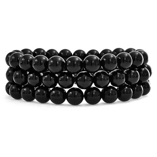 Bling Jewelry Set Of 3 Gemstone Black Onyx Round Bead 8Mm Stretch Bracelet For Women Teen For Men Multi Strand Stackable Adjustable #TOP30