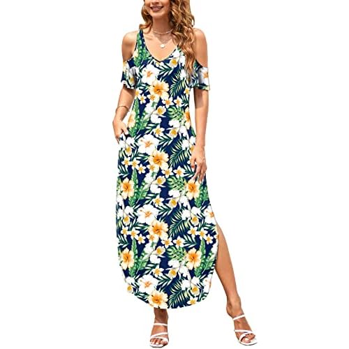 HUSKARY Women's Summer Maxi Dresses V Neck Cold Shoulder Short Sleeve Casual Loose Long Split Dress with Pocket X-Large Flower 01