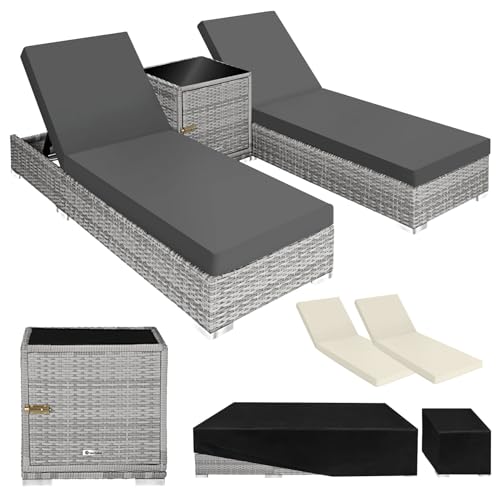 TecTake® Set 2 Tumbonas de Ratán y Aluminio + Mesa Jardín, Tumbonas Piscina Respaldo Regulable, Tumbonas Playa Resistente a la Intemperie, Fundas Intercambiables, Funda Protectora - Negro