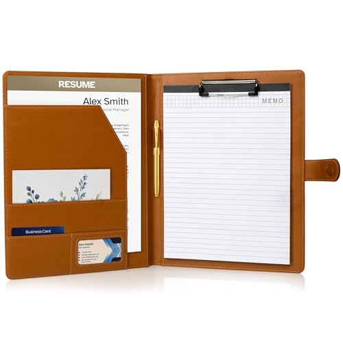 Professional Faux Leather Padfolio Portfolio Organizer Binder with Clipboard | Resume Folder, Legal Pad Holder with A4 Writing Pad, Business Card Holder (Brown)