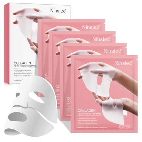 Tiefenwirksame Collagen Maske mit Hyaluronsäure - Anti-Falten Hydrogel Maske für Straffe Haut, 24H Intensivfeuchtigkeit, Dermatologisch Getestet, Vegan, 4 Stück