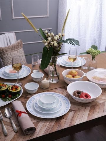 Livingware Morning Blue Glass Dinner Set- 30 Pcs | Made of Vitrelle Glass | Lightweight & Durable | Break & Chip-Resistant | Microwave, Oven & Dishwasher Safe
