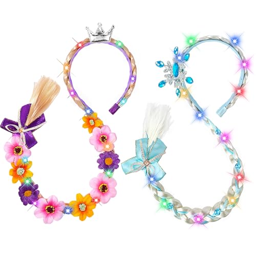 DUDUCOFU 2 Pcs Light Up Princess Braided Wigs, Princess Accessories Wig Headbands with Tiara Flowers Toys for Girls Kids Gift 3 4 5 6 7 8 9 10 11 12