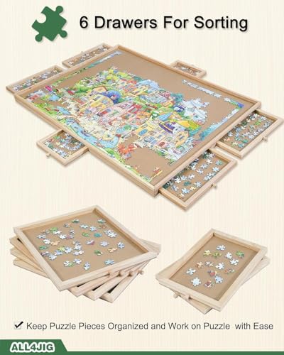 Image of ALL4JIG 1000 Pieces Rotating Puzzle Board with 6 Drawers and Cover,22 inchx30 inchPortable Wooden Jigsaw Puzzle Table for Adults,Lazy Susan Spinning Puzzle Boards Birthday Gift for mom