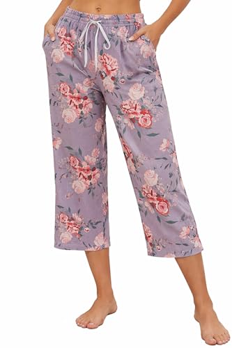 Image of Kabento 2 Pack Womens Pajama Pants Capri Sleep Lounge Pants Drawstring Pj Bottoms with Pockets