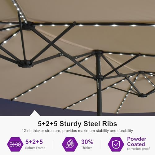 Image of PURPLE LEAF 14ft Patio Umbrella with Solar Lights Outdoor Double-Sided Market Umbrella with Base Included Rectangle Table Umbrella for Pool Garden Backyard, Khaki
