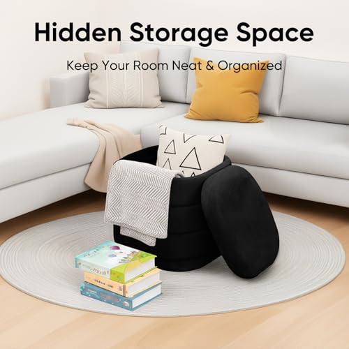Image of 15 inch Velvet Storage Ottoman with Tray, Foldable Square Ottoman Footrest with Reversible Wood Lid, Collapsible Storage Footstool for Bedroom, Living Room, Dorm, Black