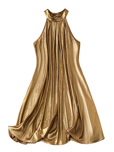MakeMeChic Women's Metallic Sleeveless Halter Neck Dress Flowy Party Cocktail Short Dresses Gold Large