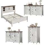 AMERLIFE 4 Pieces Farmhouse Bedroom Set, Includes Queen Size Bookcase Headboard Bed Frame, 5 Drawer Tall Dresser, 47'' Dresser with 4 Drawers, 60' Dresser with 4 Drawers, Distressed White