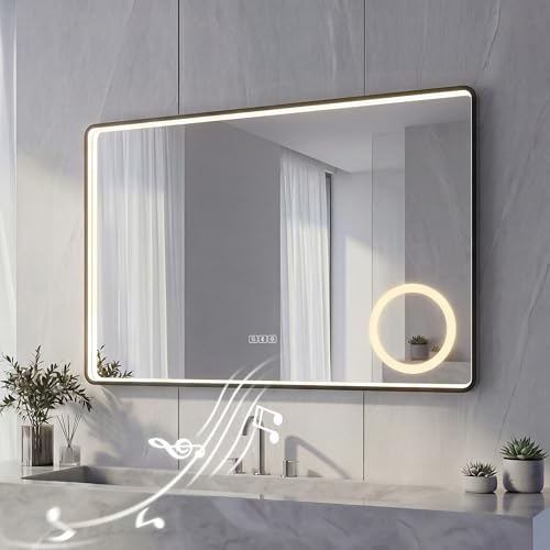 NeoArt Espejo de Baño LED con Bluetooth y Marco de Aluminio, Espejo de Plata HD de...