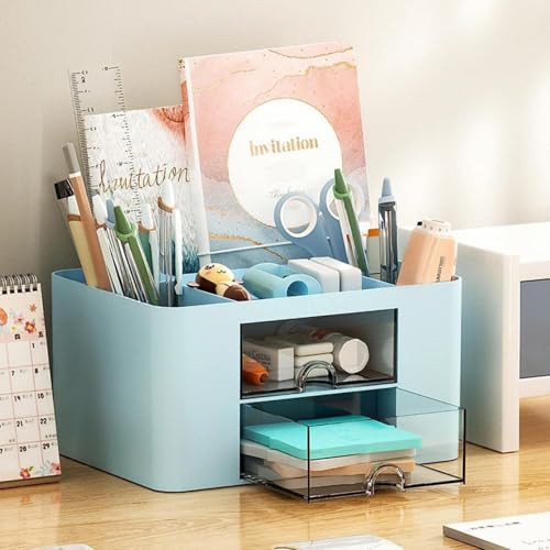 Image of NXTBUY Plastic Desk Organizer with Drawer | Desktop Office Stationery Storage Box | Desk Accessories Organizer | Mobile Phone Holder | Table Organizer for Study & Office Use (Blue)