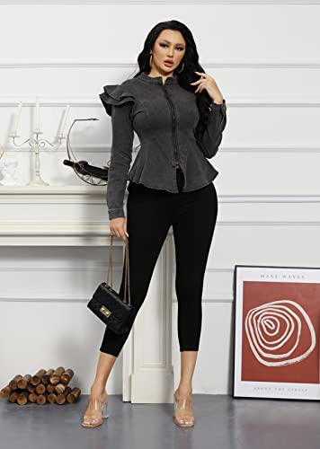 ECHOINE Women Casual Denim Jacket - Long Sleeve Zip Ruffle Shoulder Jean Jackets Peplum Coat Plus Size4