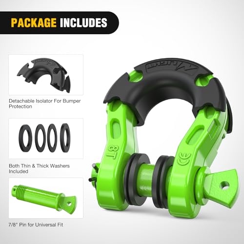 Image of Nilight Heavy Duty Mega D-Ring Shackles(2 Pack) 68,000 lb Break Strength(17,000 lb WLL) w / 7 /8″ Screw Pin & Washers, Forged Steel Off-Road Recovery Shackles for Tow Strap & Winch Gear, Green
