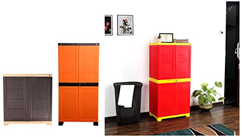Image of Cello Novelty 2 Door Cupboard with 3 Shelves (Orange&Brown) & Novelty Compact Plastic 2 Door Cupboard with Shelf(Brown&Beige) & Novelty Plastic 2 Door Big Cupboard with 3 Shelves (Red&Yellow)