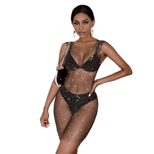 XGOPTS Mesh Kristall Top Kleid Netzkleid mit Strasssteinen Fischnetz Kleider Damen Sexy Durchsichtiges Bikini Cover Up Glitzerndes Körper Accessoire...