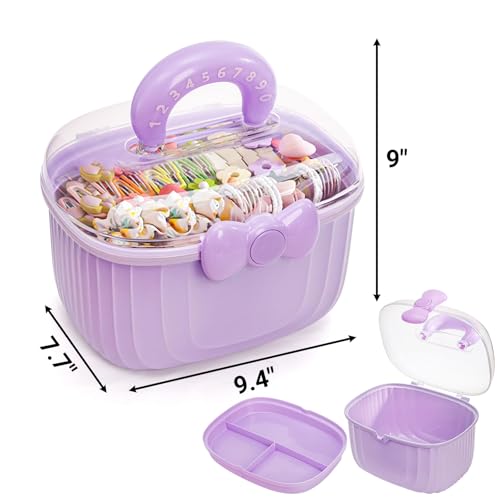 Image of Noamus 10 inch Multipurpose Storage Box with Removable Tray, 2 Layer Cute Hair Accessories Organizer, Clear Plastic Folding Craft Case for Headbands, Sewing, Clips Ties Supplies, Purple