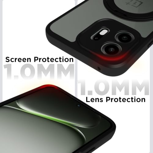 Image of RIGGEAR Shockproof Sleek Hybrid Armor 360 Rotating Magnetic Ring Stand Back Cover Case Compatible with MagSafe Accessories for OnePlus N6 5G (Clear PC + Black TPU Bumper)