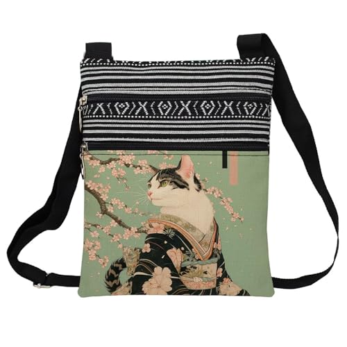 Kimono Cat Messenger Bag Small Ethnic Pattern Printed Adjustable Strap Crossbody Zipper Bag Kimono Cat Phone Bag Wallet Cute Shoulder Handbag for Women - 2
