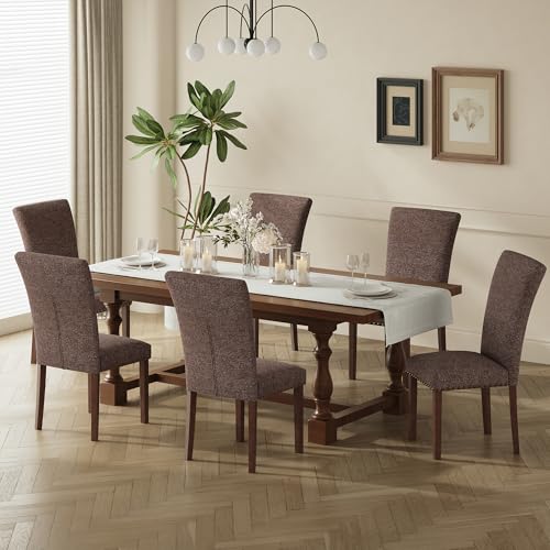 Image of COLAMY Upholstered Dining Chairs Set of 6, Parsons Nailhead Dining Room Kitchen Chairs with Wood Legs - Brown