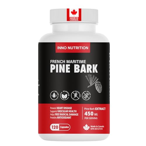 Inno Nutrition Extrait d'écorce de pin maritime française 450 mg – 70 % de procyanidines | Soutien antioxydant pour le cœur, la circulation et la peau | 120 capsules | Fabriqué au Canada