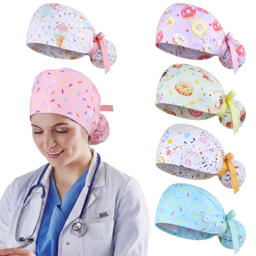 Image of 6 Pcs Scrub Caps for Women Doctor Nursing Hats with Buttons Adjustable Tie Back Working Cap Bouffant Scrub Hats for Women Men
