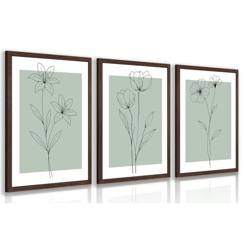 Msziryn Wood Framed Minimalist Botanical Wall Art Set of 3, Sage Green Floral Line Drawing Poster Print, Modern Abstract Flower Decor, Scandinavian Boho Artwork for Living Room Bathroom 12x16 Inch
