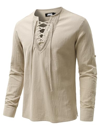 Image of JOGAL Mens Renaissance Shirt Medieval Pirate Viking Halloween Costume Gothic Steampunk Retro Long Sleeve Lace Up Shirts