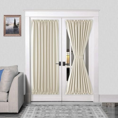 DWCN French Door Curtains – Rod Pocket Thermal Curtain for Doors with Glass Window, Kitchen and Patio Doors for Privacy, 54 X 72 Inches Long, 1 Curtain Panel with Tieback, Light Beige