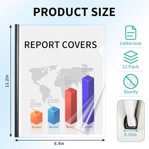 Image of Binditek Clear Report Covers with Sliding Bars, 70 Sheet Capacity, 12 Pack | Clear Report Covers for A4 and Letter Size, 9mm Binding Bars, 5.5 Mil Thick, for Resumes, Presentations, School and Business