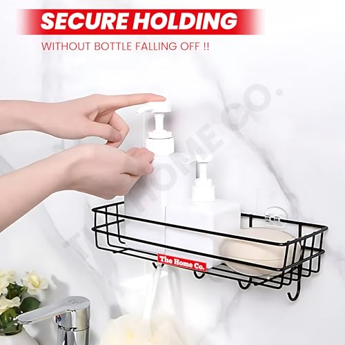 Image of The Home Co. No Drilling Self Adhesive Bathroom Shelf with 4 Hooks /Rack Organizer /Kitchen Shelf with Magic Stickers - Pack of 1 (Black, Powder Coated)