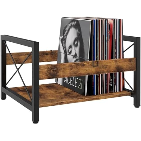 ELITEROO Vinyl Record Holder, Wooden Record Crate Fits 7” -12” Records, Vinyl Shelf Holds up to 50-100 Albums, DVDs, CDs or Files Wood Book Storage Stand Desktop Organizer Box, Rustic Brown Cover