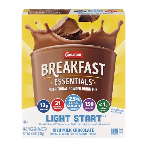 Carnation Breakfast Essentials Light Start Nutritional Powder Drink Mix Rich Milk Chocolate, 8 Count Box of 0.705 oz Packets (Pack of 8 Boxes)