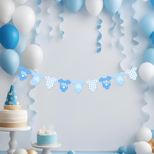 Image of Blue Gingham Baby Shower Banner, 9 Pieces Baby Blue Babysuit Garland Banner for It's a Boy Baby Shower Decoration