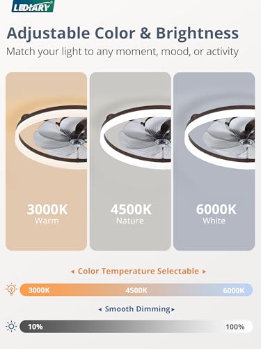 Image of LEDIARY Ceiling Fans with Lights, 23 inch Low Profile Flush Mount Ceiling Fan, Dimmable LED, APP & Remote Control, Quiet Reversible DC Motor, 6 Speeds, Fandelier for Bedroom, Brown
