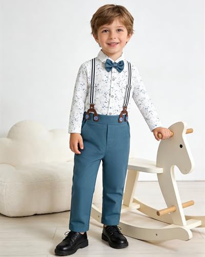 Image of ZOEREA Toddler Boy Suit Formal Wedding Outfits Gentleman Clothes Long Sleeve Shirt + Suspender Pants + Bowtie