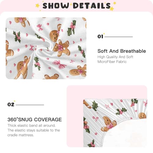 Image of Caikeny Fitted Crib Sheet for Boys Girls Gingerbread Man Pattern with Pink Bows and Holly Leaves Baby Crib Sheets Bassinet Sheets Crib Mattress Bed Sheets for Toddler Newborn Infant 52 X 28 in