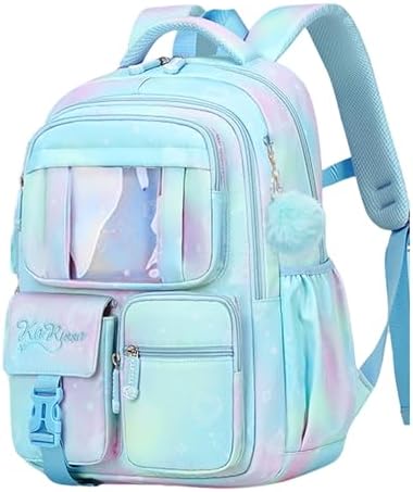 Cute School Backpack for Teen Girls Kawaii Waterproof Large Capacity Bookbag for Kids Elementary Middle School Preppy Aesthetic Book Bag with Cute Accessories for Ages 6-8 8-10 10-12 (Blue)