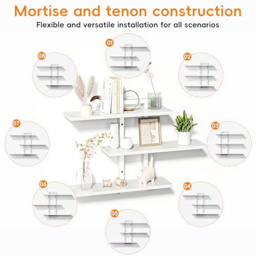 Image of Homode Floating Shelves, Set of 3 Wooden Hanging Shelves for Bathroom and Bedroom Storage, Decorative Wall-Mounted Display Shelf for Plants, Books, Pictures, White