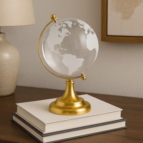Image of Luxury Crystal Globee with Golden Stand- Elegant World Globe for Desk or Office Decor, Modern Decorative Glass Globe with Etched Continents (Gold And White, Medium)