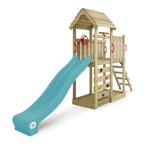WICKEY Spielturm Klettergerüst JoyFlyer mit Holzdach & Rutsche, Outdoor Kinder Kletterturm mit Sandkasten, Leiter & Spiel-Zubehör für den Garten (türkis)