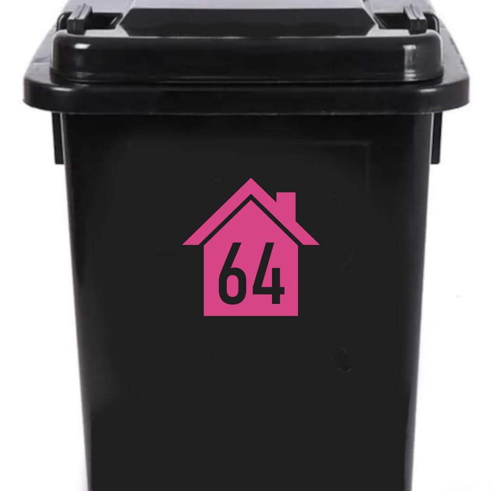 4 Pack House Number 64 Silhouette Waterproof Wheelie Bin Stickers 14cm x 14cm (5.5" x 5.5") - Waterproof Vinyl Decal - Long Lasting - Easy to Clean (64, Pink) — image 1