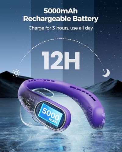 Portable Neck Fan – Neck Fans that Blow Cold Air Rechargeable with 5000mAh-Battery, 4 Speeds, Hands Free Wearable Cooling Personal Fan for Travel, Outdoor – Purple