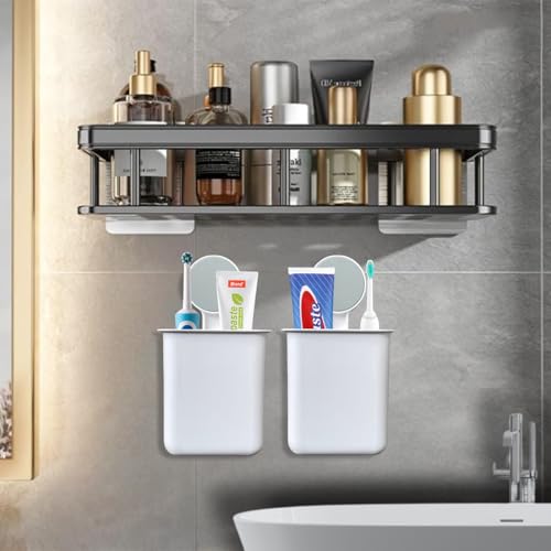 Image of SHALVI Black ‎Plastic Self Adhesive Bathroom Shelf with Wall Mounted Toothbrush Holder /Bathroom Shelf for Wall /Toothbrush Holders for Toothbrushes
